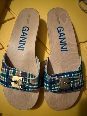 Dr. Scholls Ganni Plaid Buckle Slide Sandals - Blue, Green & Cream